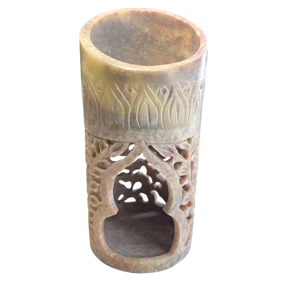 Hand Carved Soapstone Floral Jali Tea Light Candle Holder India Boho Decor 7.5in